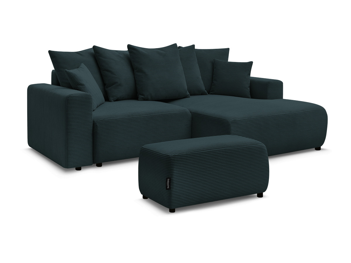 Bobochic Atilla Ecksofa mit Schlaffunktion und Bettkasten und Pouf Cordsamt Dunkelblau Ecke rechts