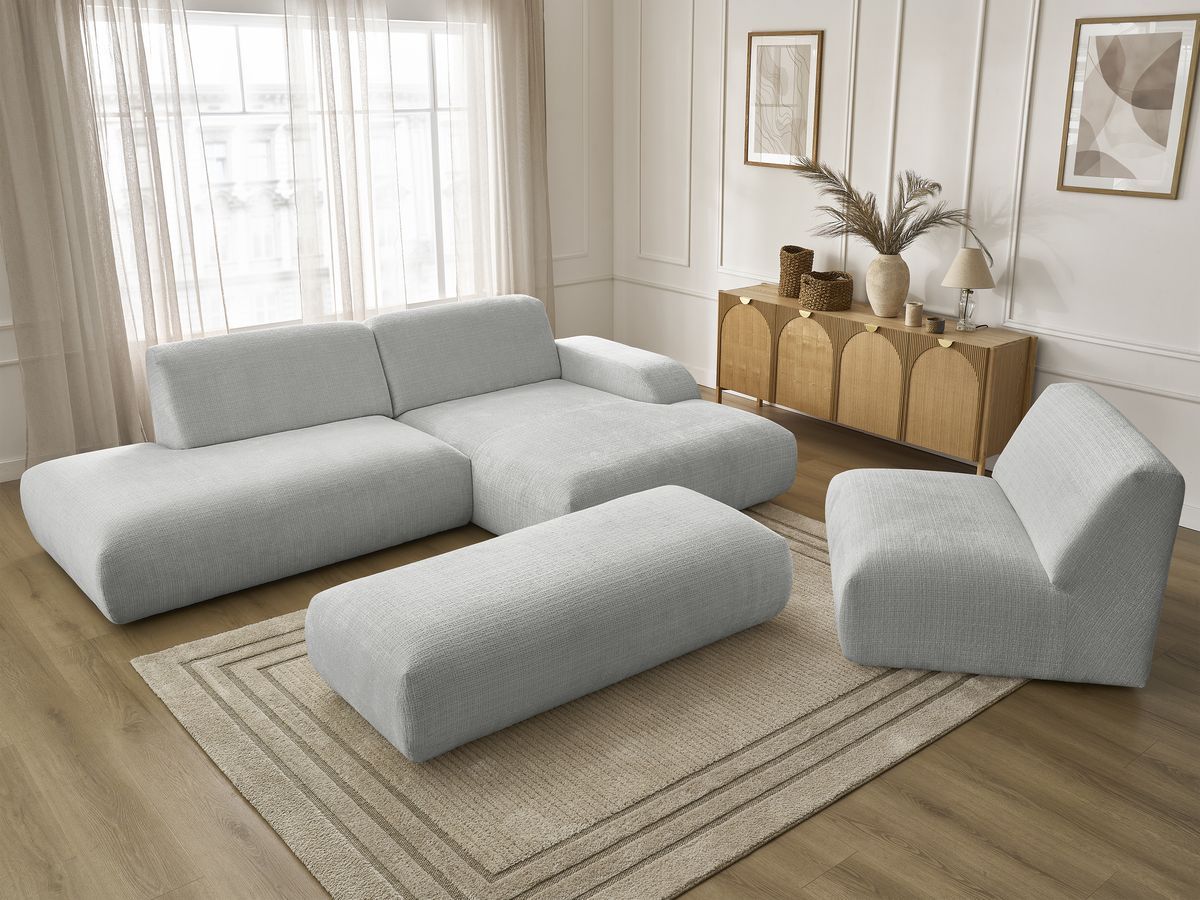 Bobochic Sirius Ecksofa mit Pouf 405 × 170 cm Strukturstoff Hellgrau Ecke rechts