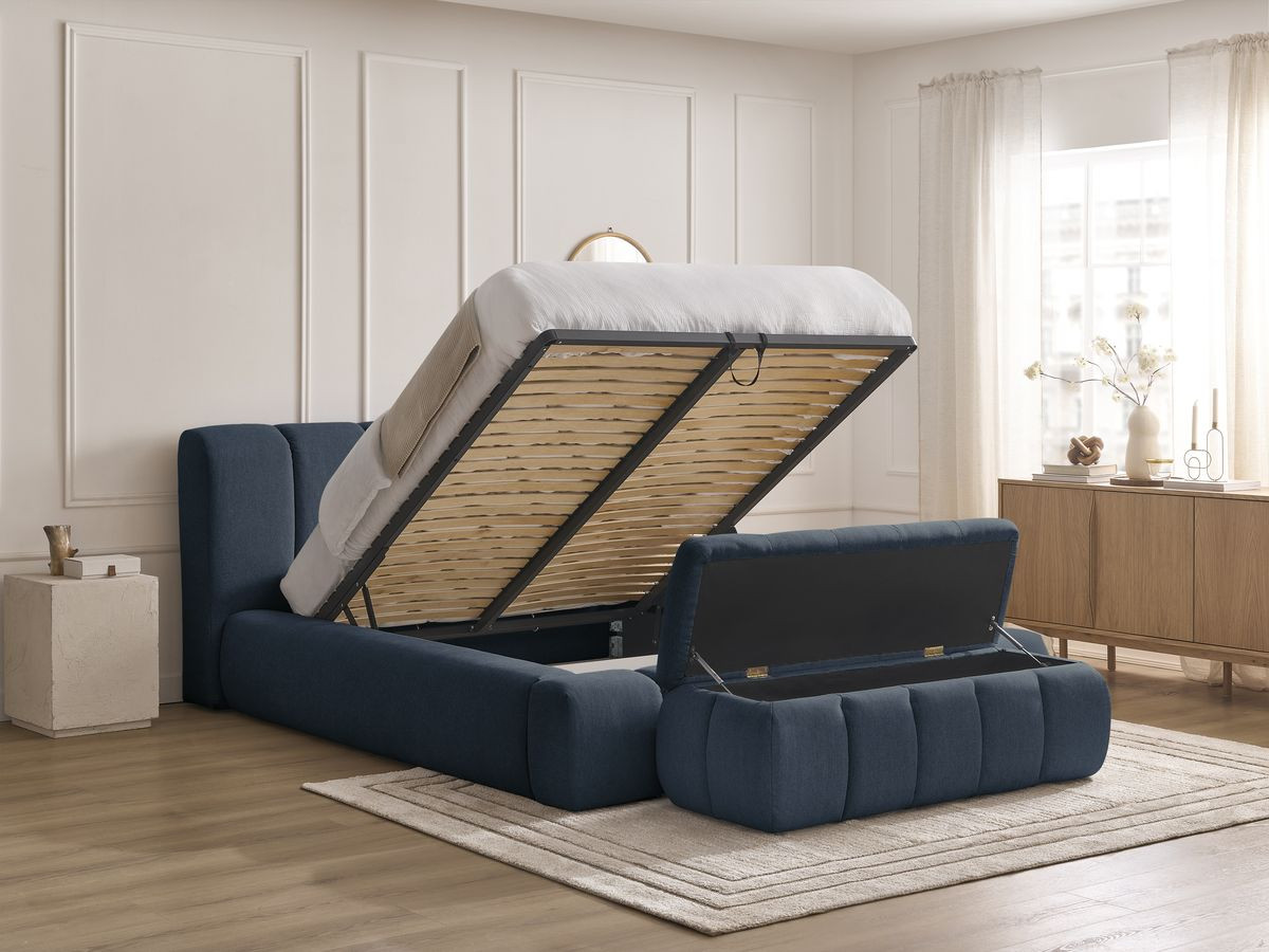 Bobochic Denali Polsterbett mit Bettkasten mit Bettbank Stoff Dunkelblau, Liegefläche 180 × 200 cm