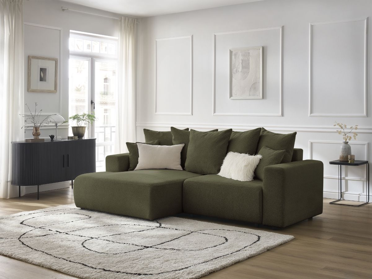 Bobochic Atilla Ecksofa mit Schlaffunktion und Bettkasten Melange-Stoff Grün Ecke links