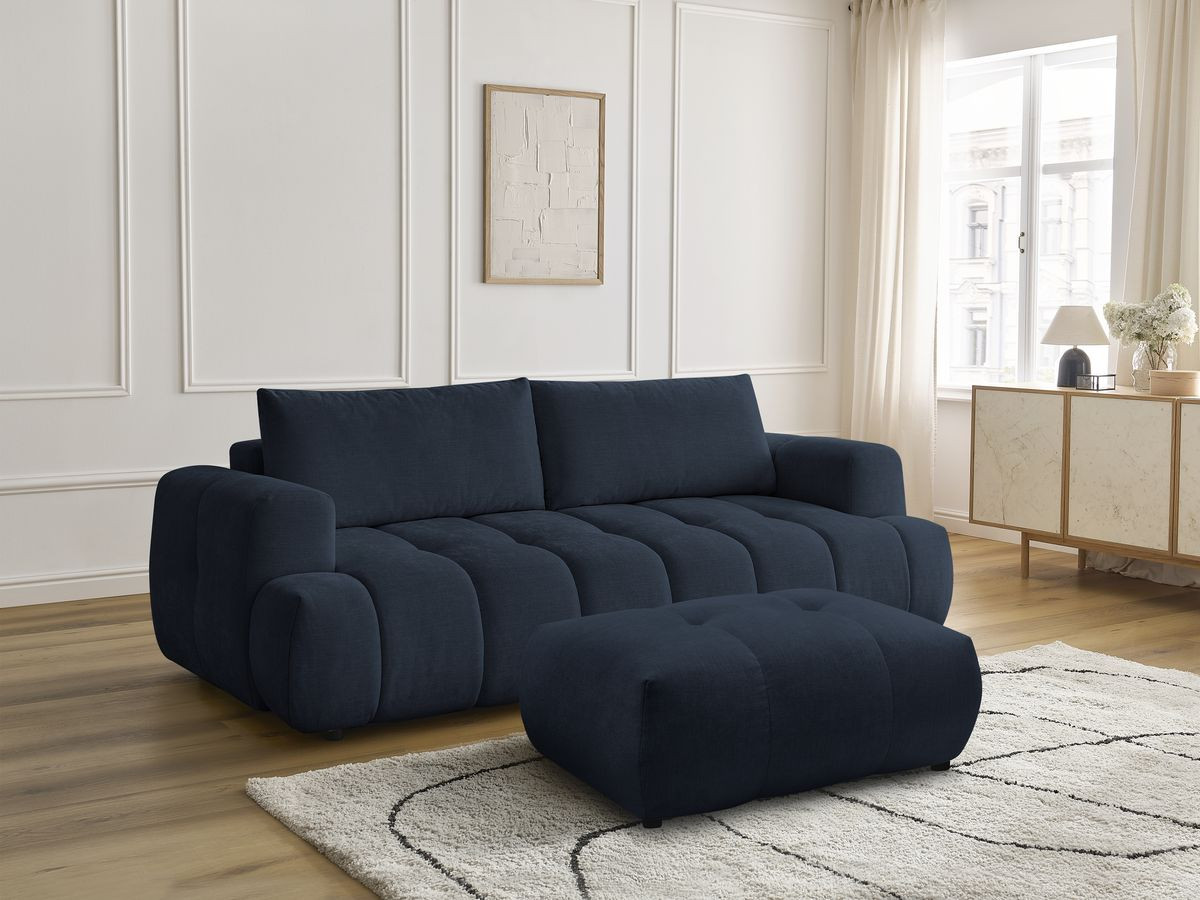 Bobochic Fuji Schlafsofa 3-Sitzer mit Bettkasten und Pouf Stoff Dunkelblau