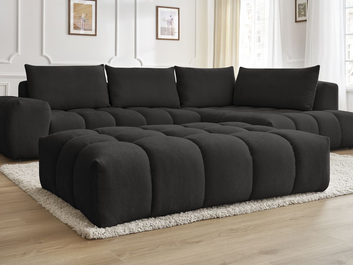 Bobochic Everest Ecksofa mit Schlaffunktion und Pouf, 4 Kissen Strukturstoff Schwarz Ecke rechts