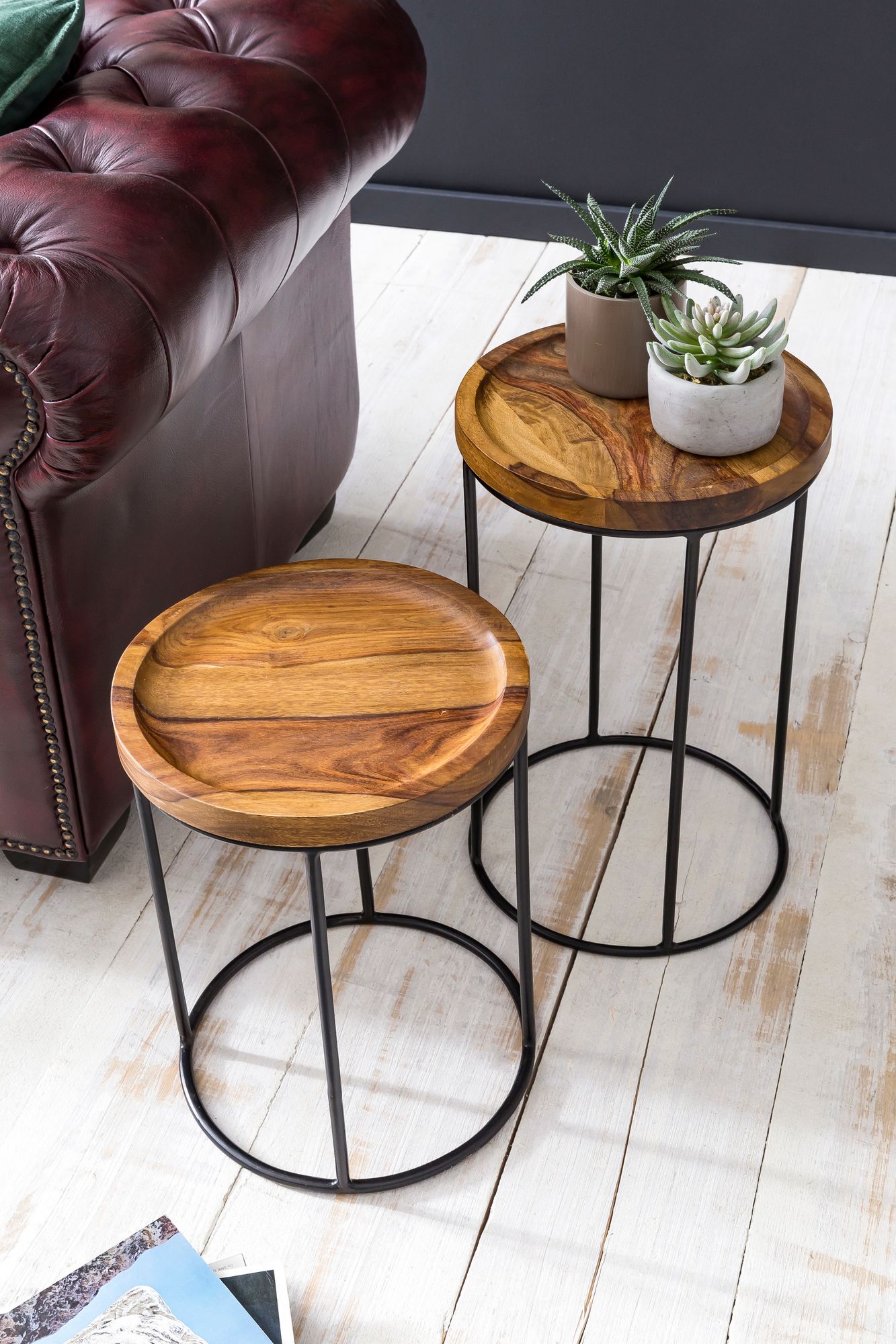 Satztisch 2er-Set Fredskov Massivholz Dunkelbraun Ø 30 cm