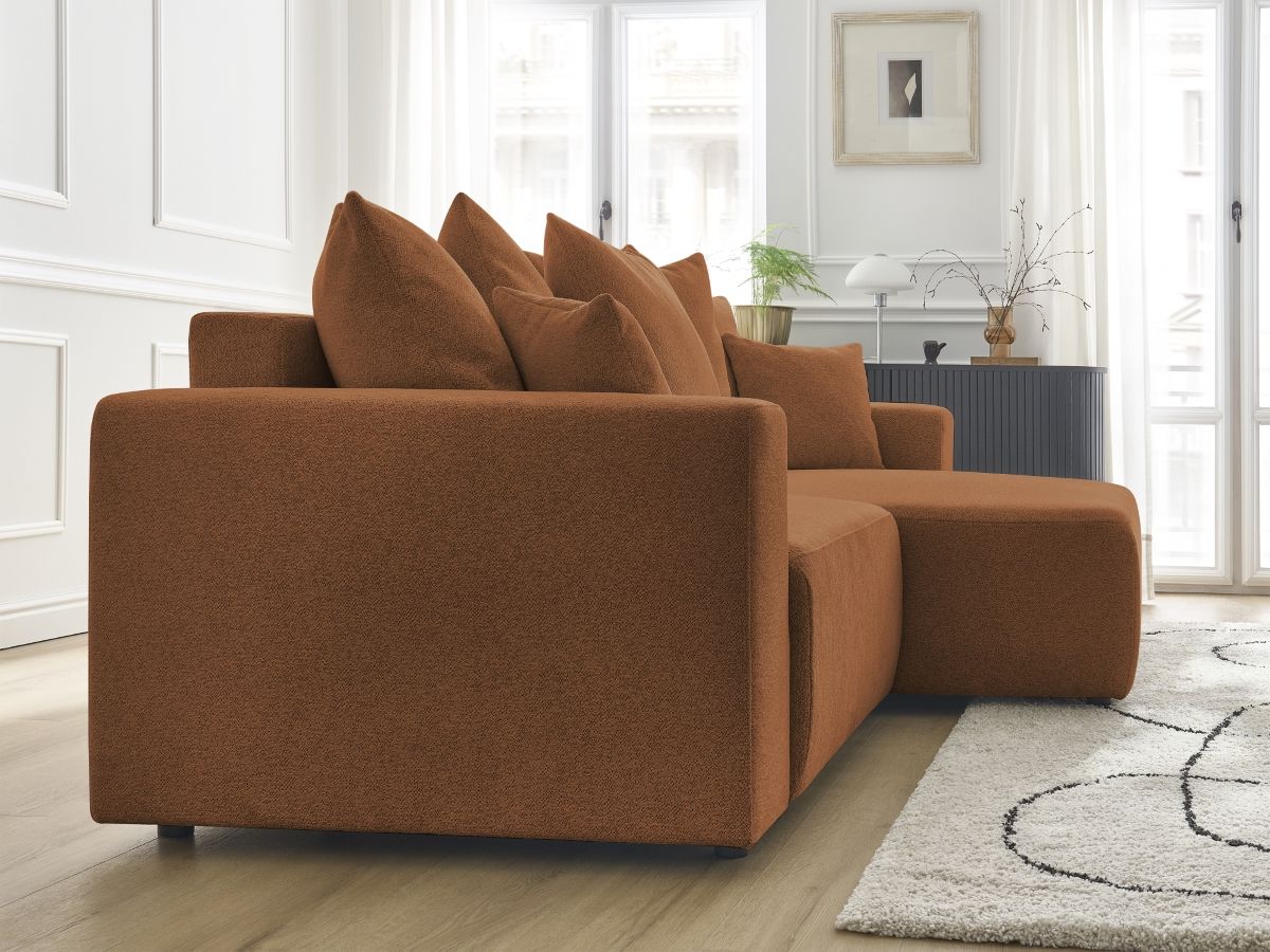 Bobochic Atilla Ecksofa mit Schlaffunktion und Bettkasten Melange-Stoff Orange Ecke rechts