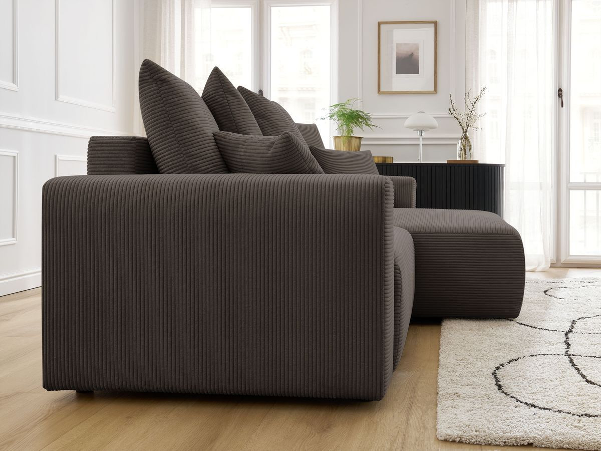 Bobochic Atilla Ecksofa mit Schlaffunktion und Bettkasten Cordsamt Taupe Ecke rechts