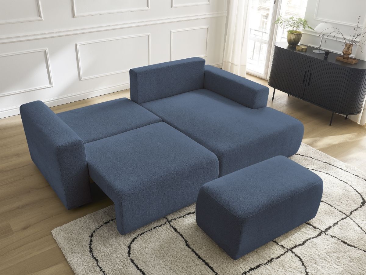 Bobochic Atilla Ecksofa mit Schlaffunktion und Bettkasten und Pouf Melange-Stoff Blau Ecke rechts