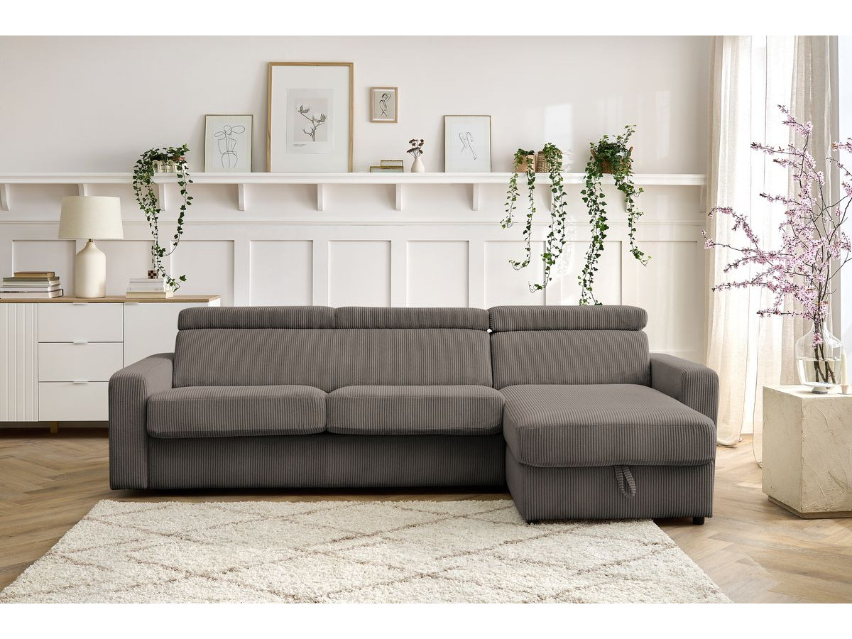 Bobochic Monaco Ecksofa mit Schlaffunktion und Bettkasten Cordsamt Taupe, Liegefläche 140 × 190 cm