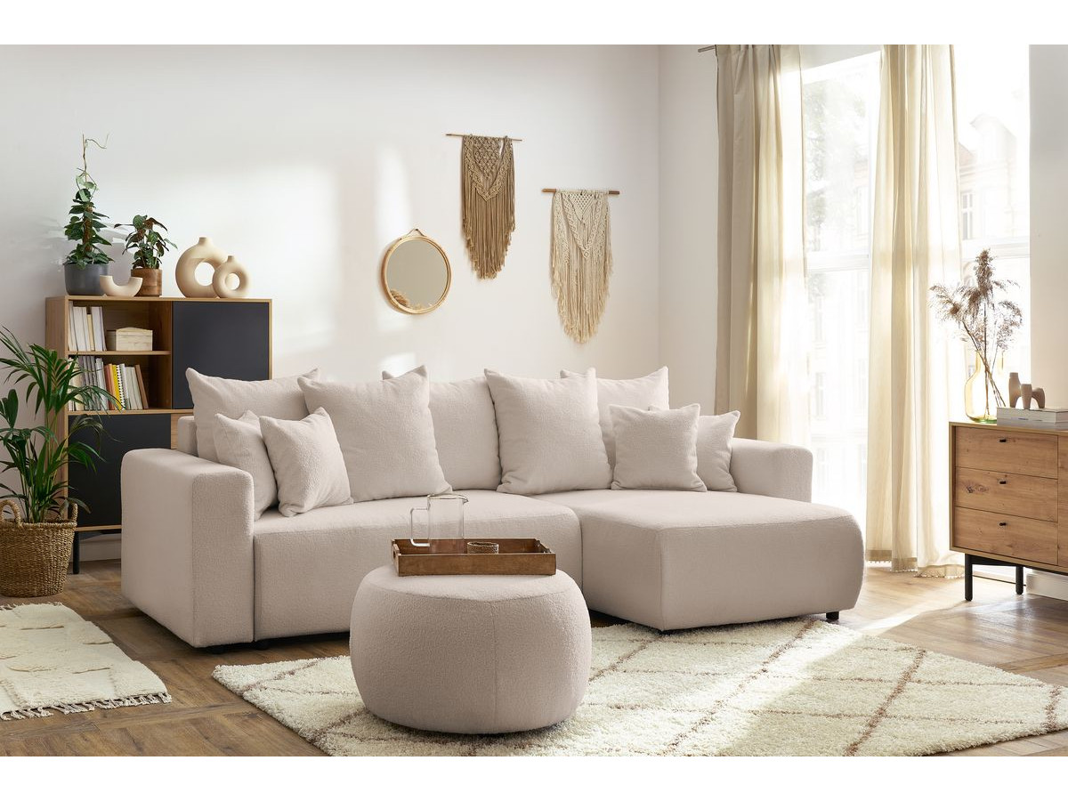 Bobochic Envy Ecksofa mit Schlaffunktion und Bettkasten und rundem Pouf Bouclé-Stoff Beige