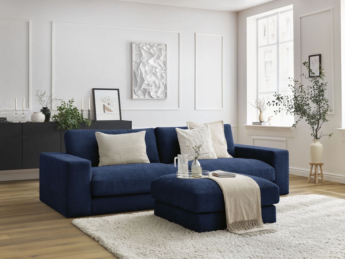 Bobochic Leonard Sofa 4-Sitzer mit Pouf 274 × 109 cm Strukturstoff Dunkelblau