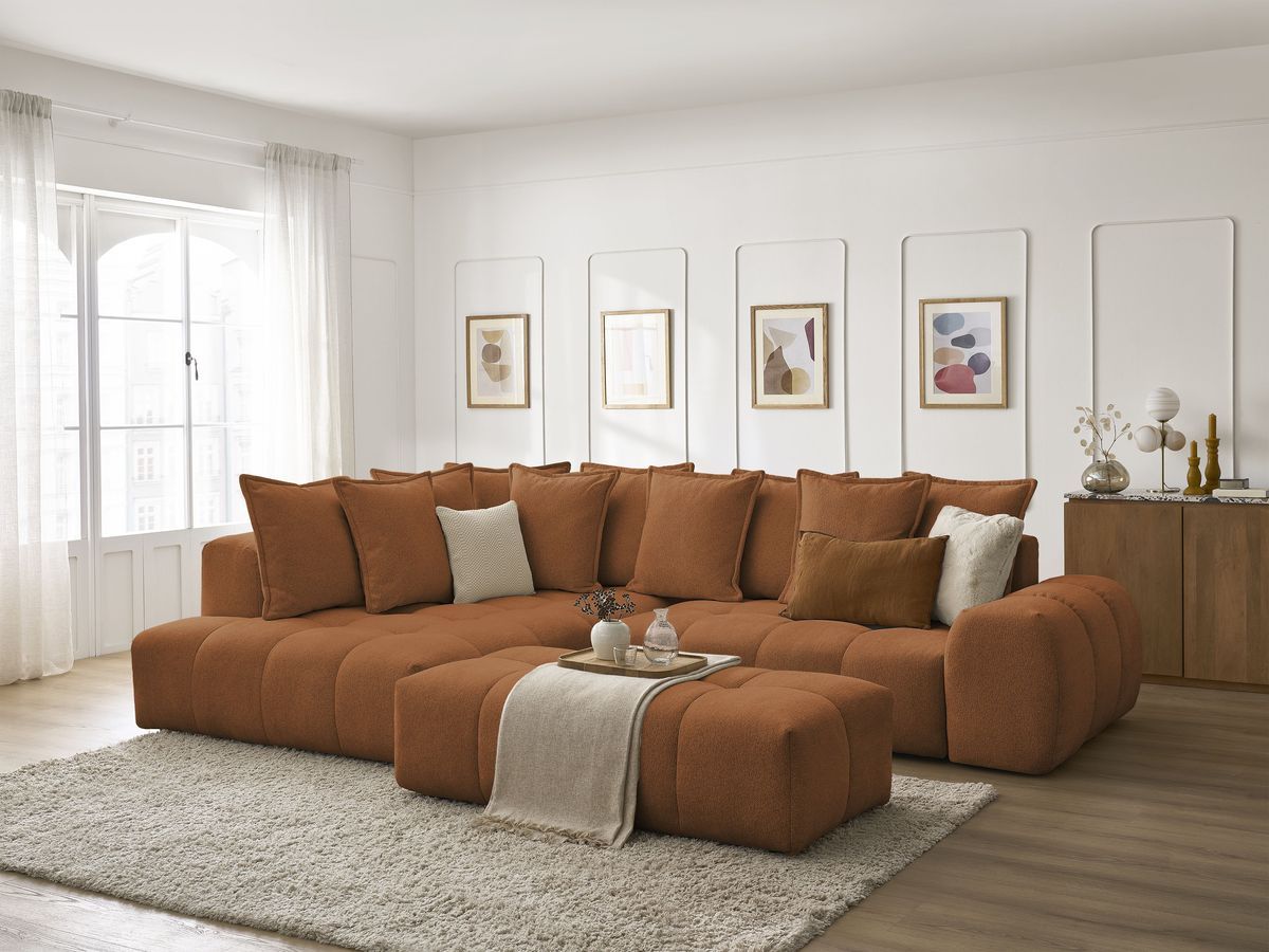 Bobochic Everest Ecksofa mit Schlaffunktion und Bettkasten und Pouf 320 × 212 cm, 10 Kissen Melange-Stoff Orange Ecke links