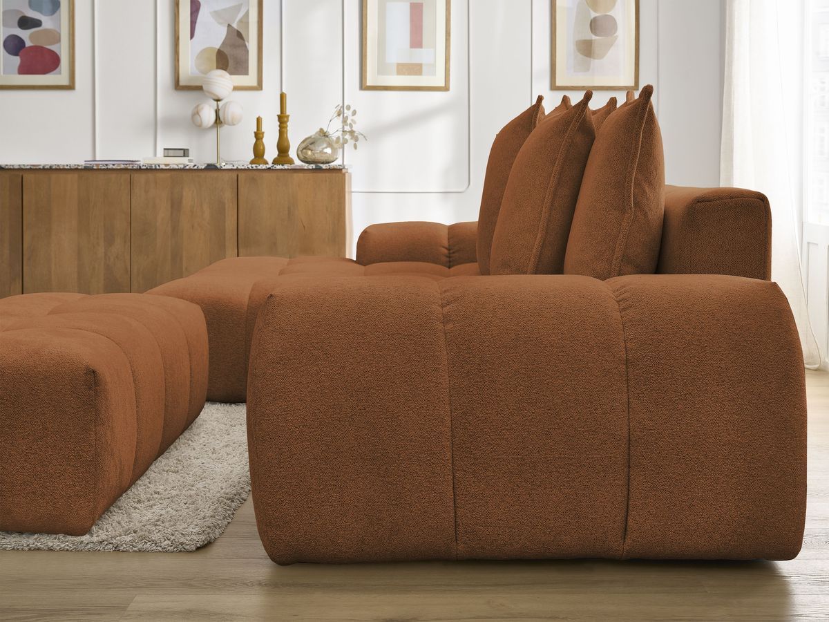 Bobochic Everest Ecksofa mit Schlaffunktion und Bettkasten und Pouf 318 × 180 cm, 7 Kissen Melange-Stoff Orange Ecke links