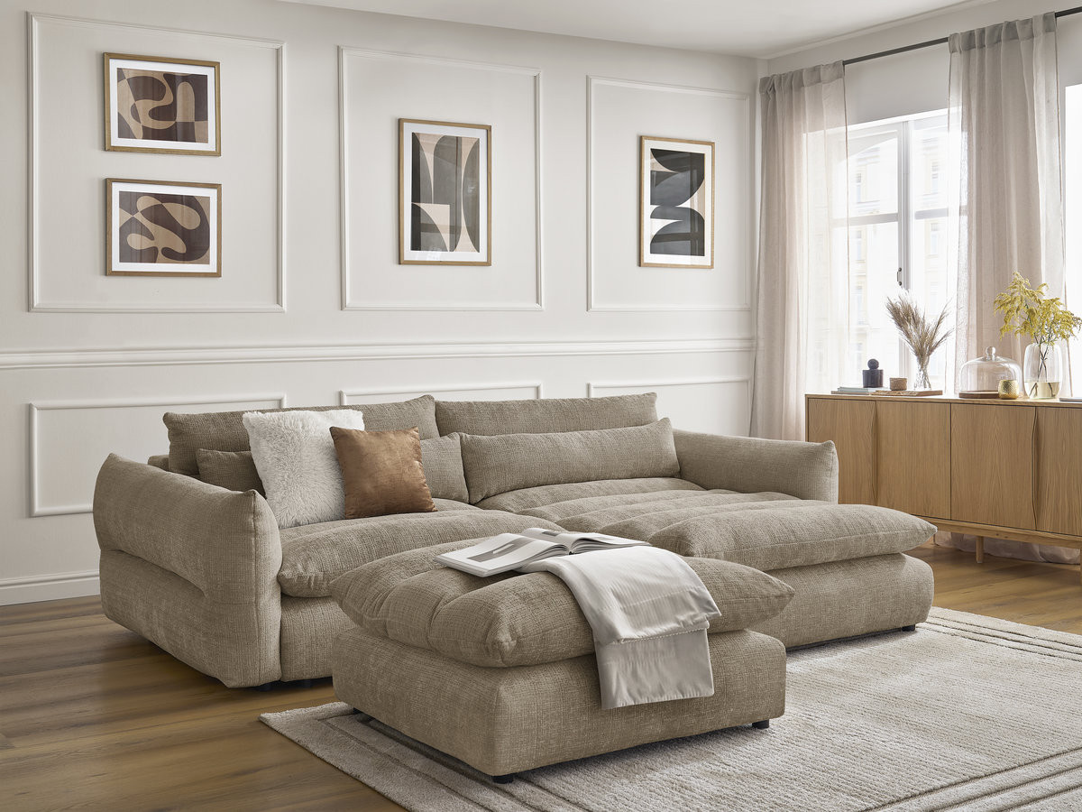 Bobochic Neil Ecksofa mit Pouf Strukturstoff Taupe Ecke rechts