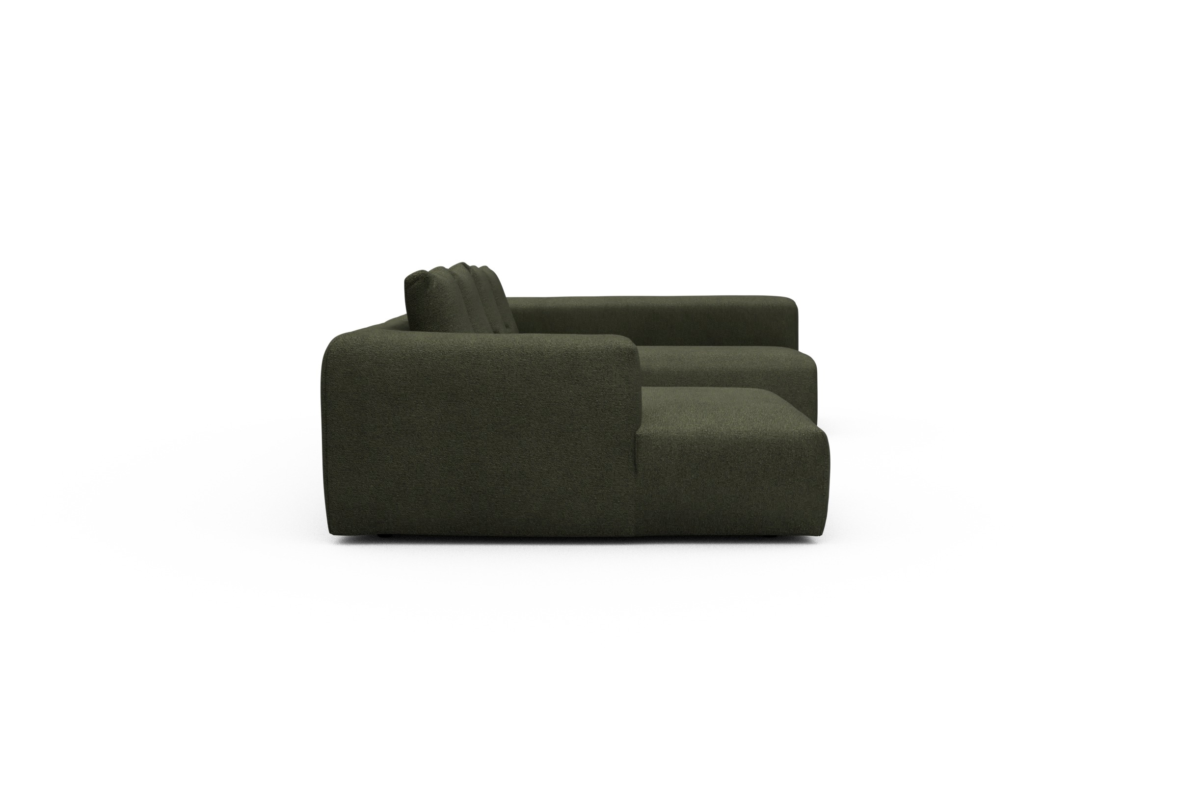 Wohnlandschaft Fred Chaiselongue links mit 2-Sitzer und lange Armlehne rechts Boucle-Forest-Green