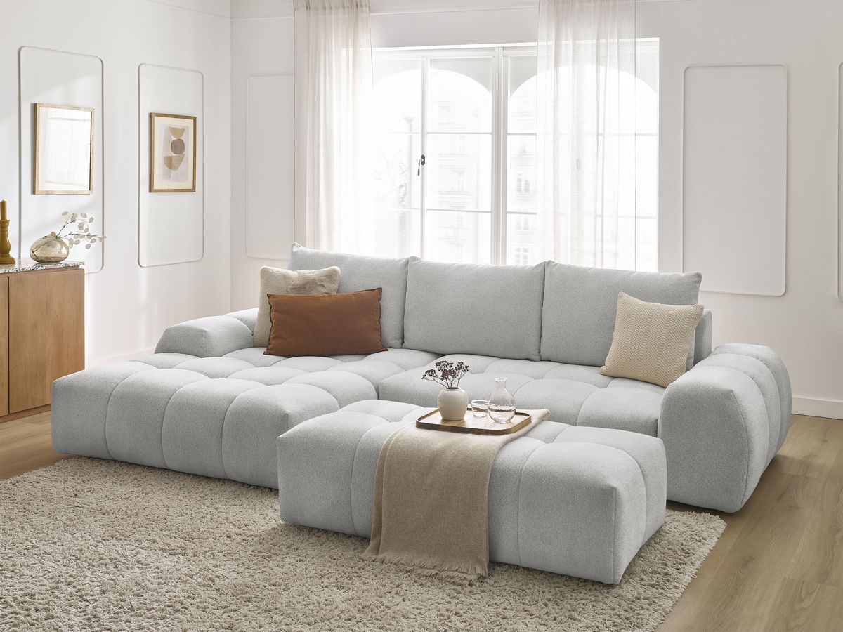 Bobochic Everest Ecksofa mit Schlaffunktion und Bettkasten und Pouf 318 × 180 cm, 3 Kissen Melange-Stoff Hellgrau Ecke links