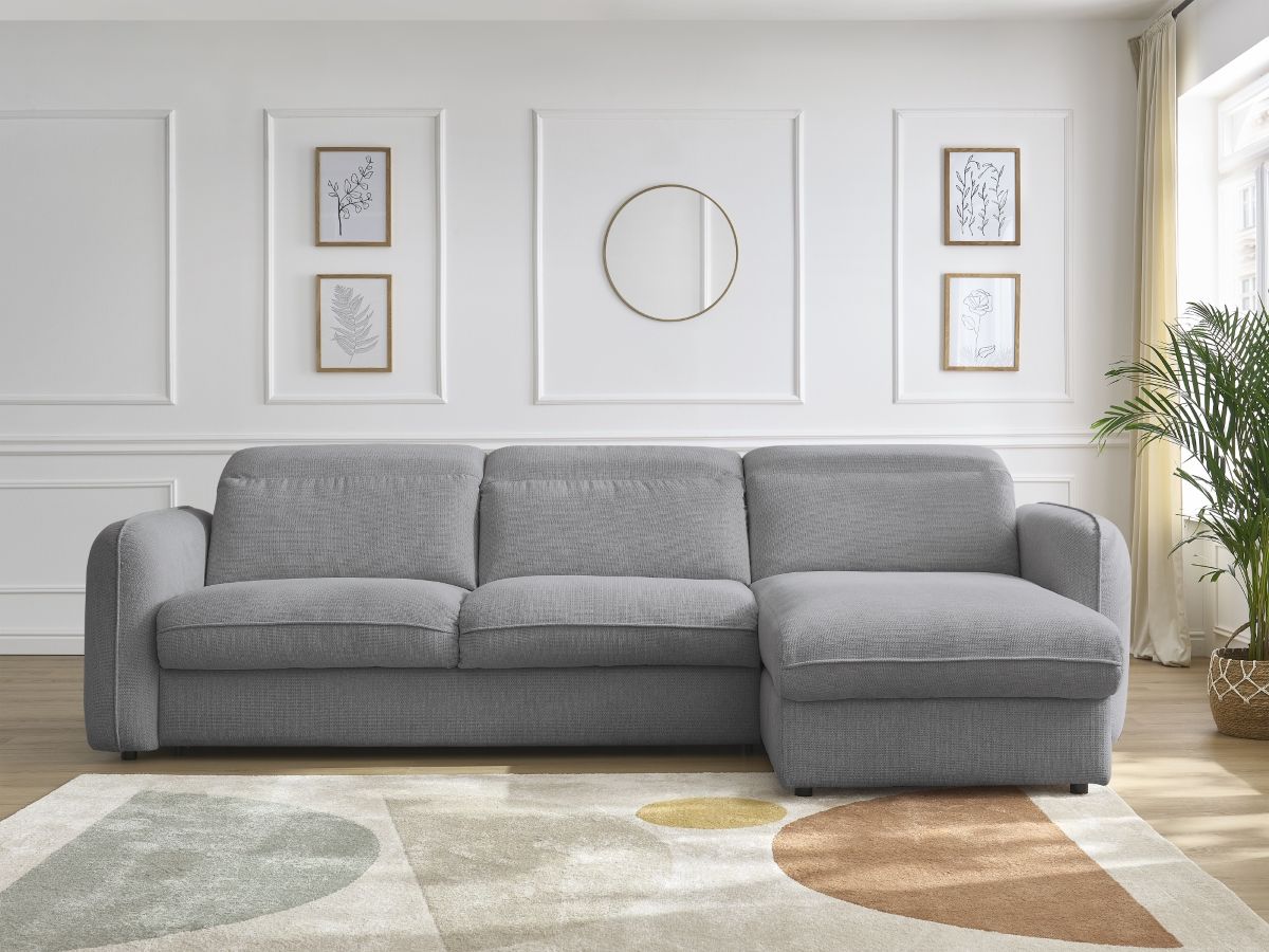 Bobochic Achille Ecksofa mit Schlaffunktion und Bettkasten Melange-Stoff Hellgrau, Liegefläche 140 × 200 cm