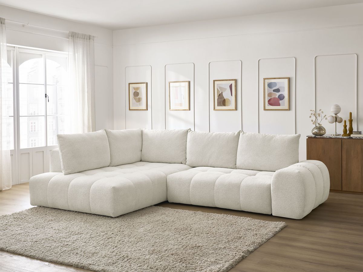 Bobochic Everest Ecksofa mit Schlaffunktion und Bettkasten 320 × 212 cm, 5 Kissen Melange-Stoff Weiß Ecke links