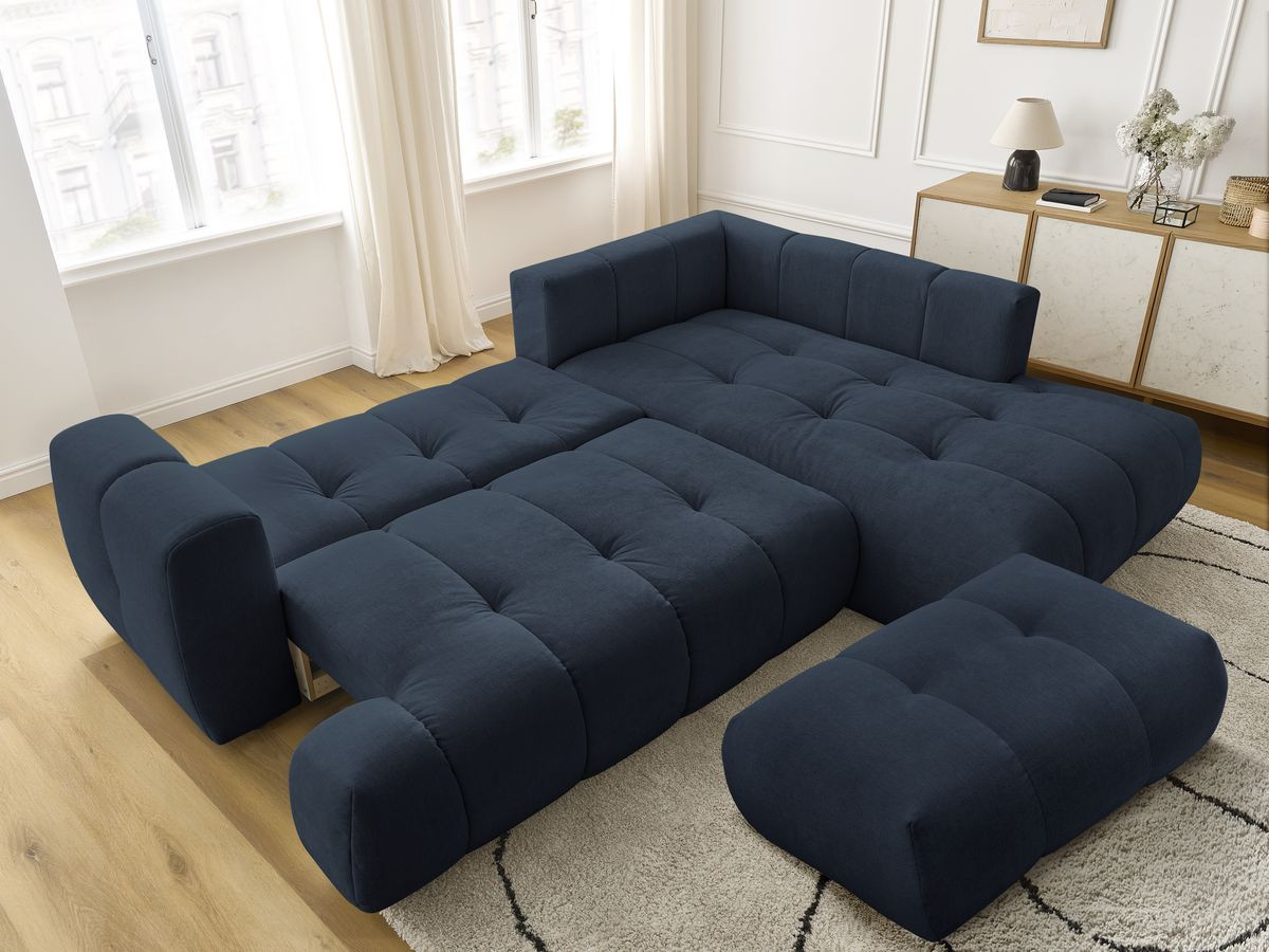 Bobochic Fuji Ecksofa mit Schlaffunktion und Bettkasten und Pouf 282 × 204 cm Stoff Dunkelblau Ecke rechts