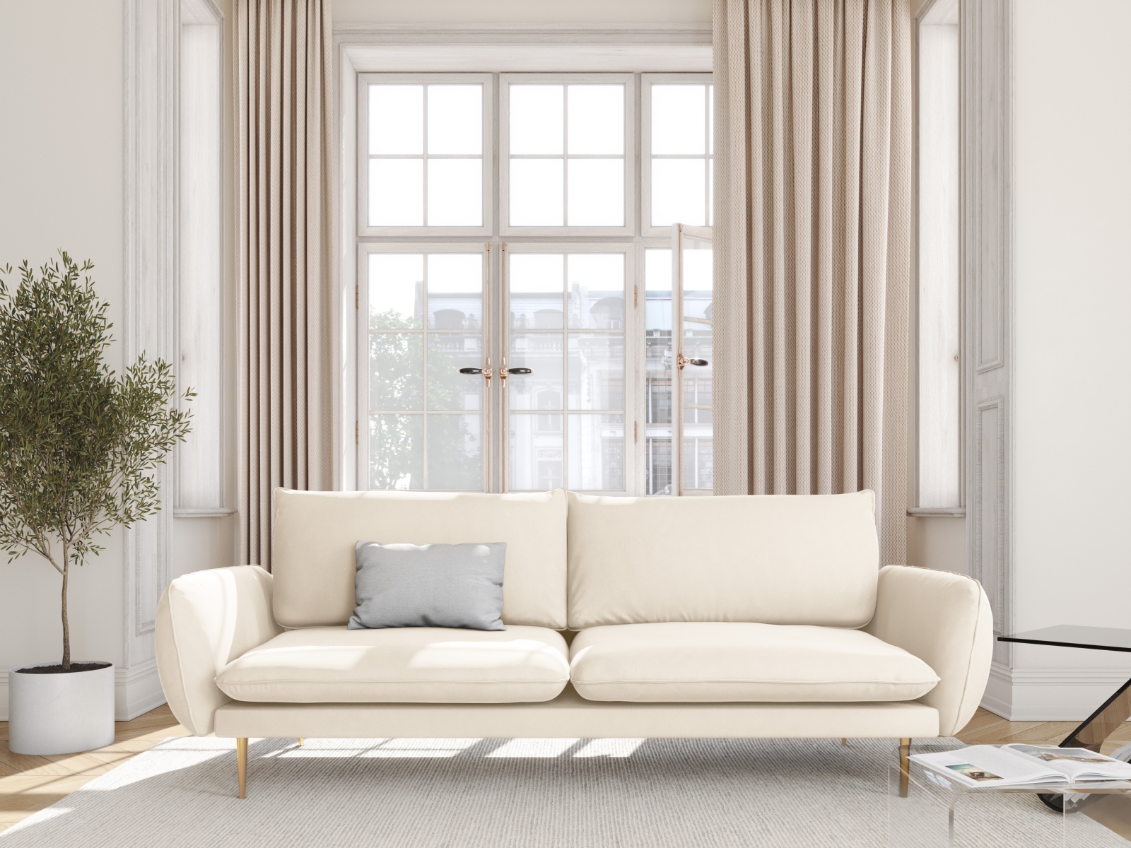 Cosmopolitan Design Sofa Vienna 4-Sitzer Samt Bluvel Helles Beige Beine Gold