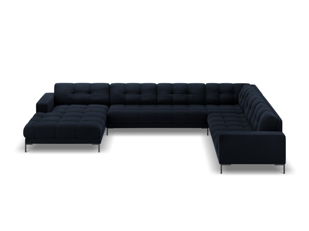 Cosmopolitan Design Panoramasofa Bali 7-Sitzer 327 cm Samt Bluvel Dunkelblau Rechts Beine Schwarzes Metall