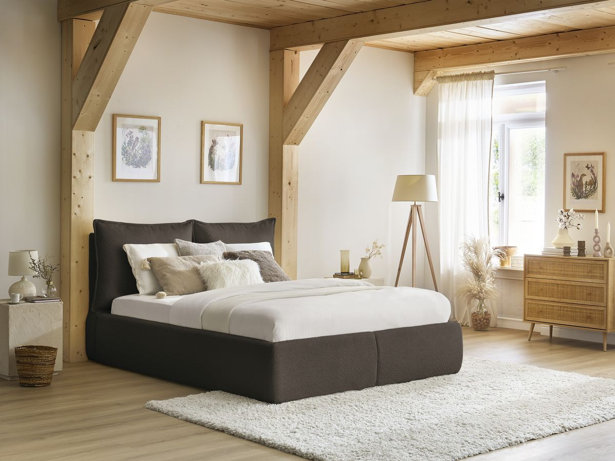 Bobochic Garance Polsterbett mit Bettkasten Bouclé-Stoff Braun, Liegefläche 160 × 200 cm