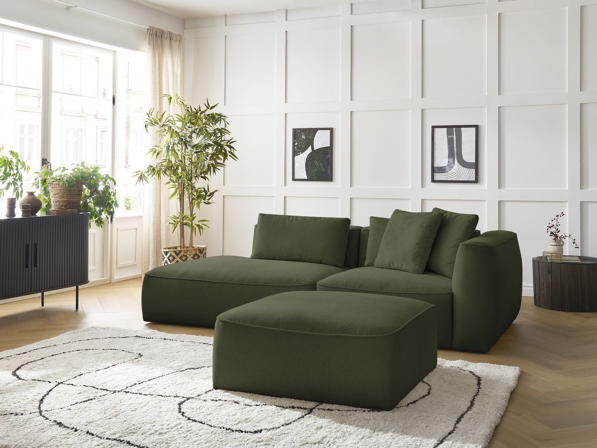 Bobochic Leopold Sofa 4-Sitzer mit Pouf Melange-Stoff Dunkelgrün Armlehne rechts