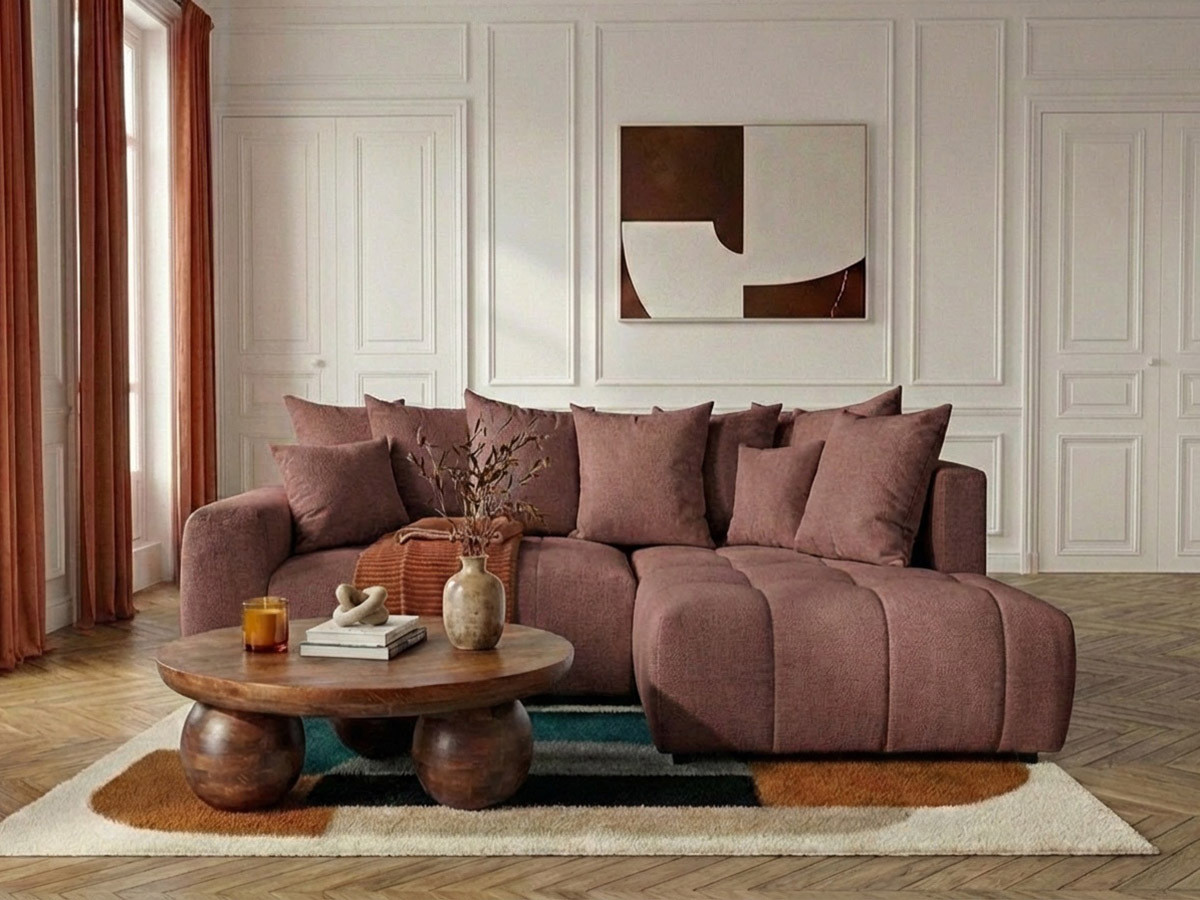 Bobochic Roxelane Ecksofa mit Schlaffunktion und Bettkasten Melange-Stoff Rot Ecke rechts