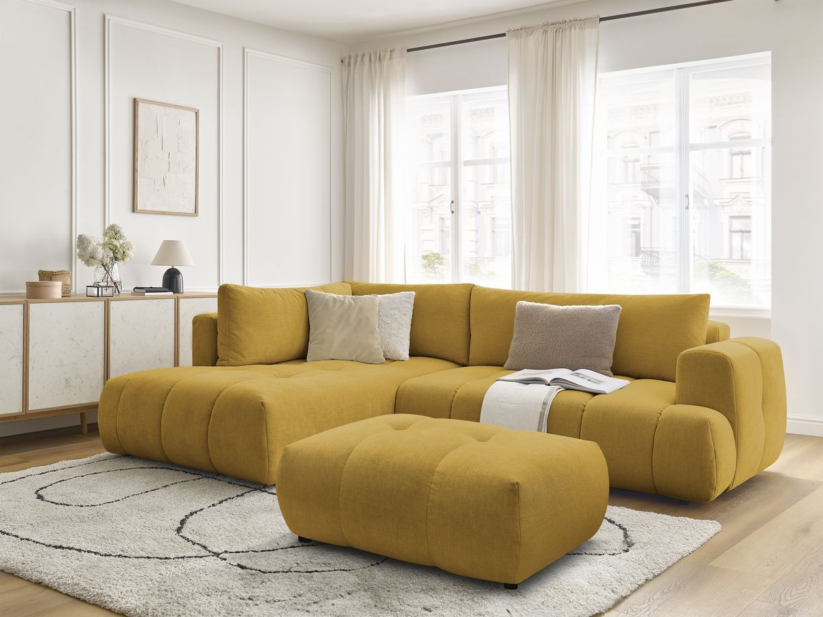 Bobochic Fuji Ecksofa mit Schlaffunktion und Bettkasten und Pouf 282 × 204 cm Stoff Gelb Ecke links