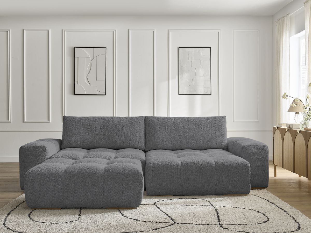 Bobochic Anakin Ecksofa mit Schlaffunktion und Bettkasten und Pouf, 2 Kissen Bouclé-Stoff Dunkelgrau