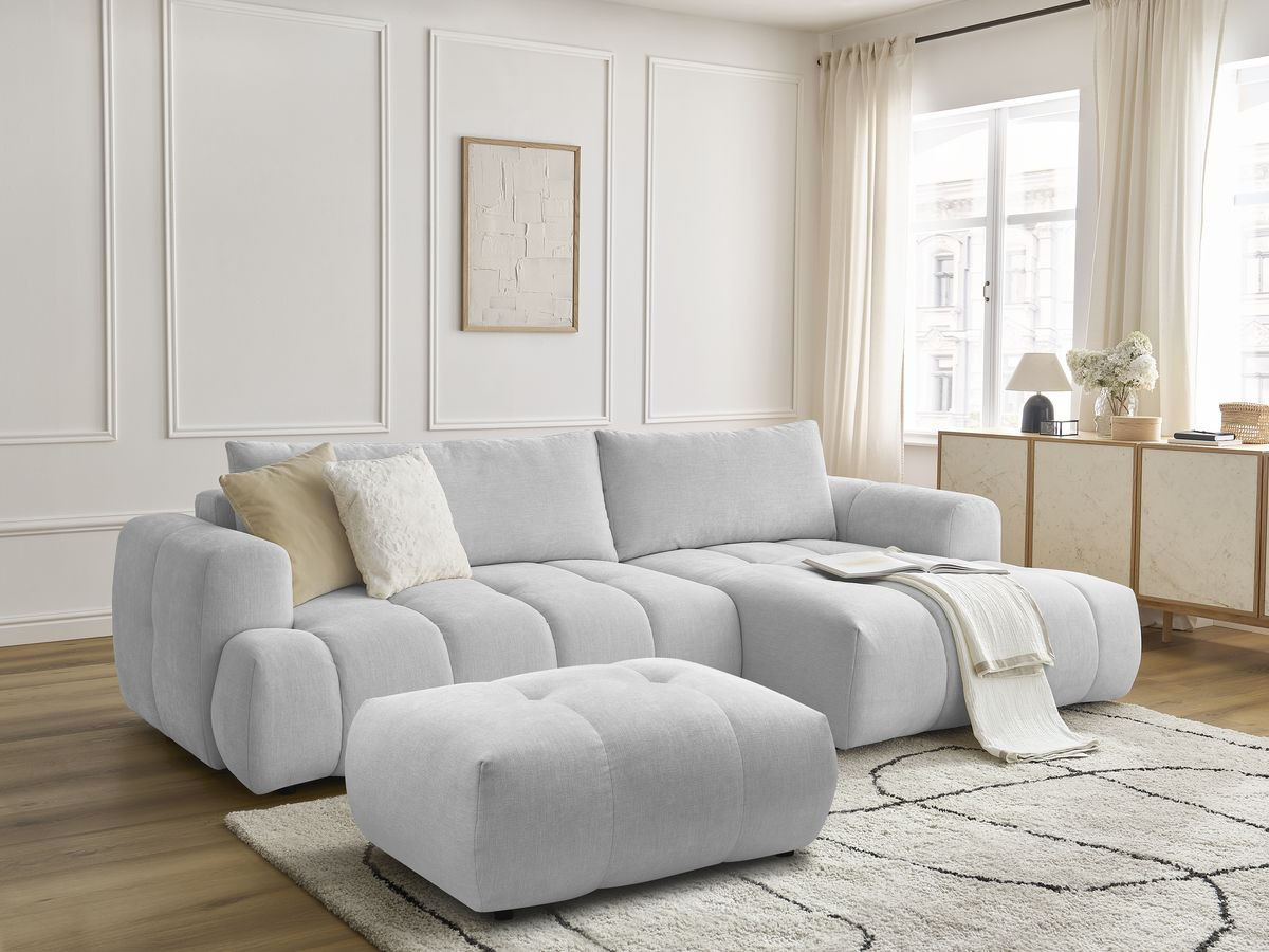 Bobochic Fuji Ecksofa mit Schlaffunktion und Bettkasten und Pouf 292 × 160 cm Stoff Hellgrau Ecke rechts