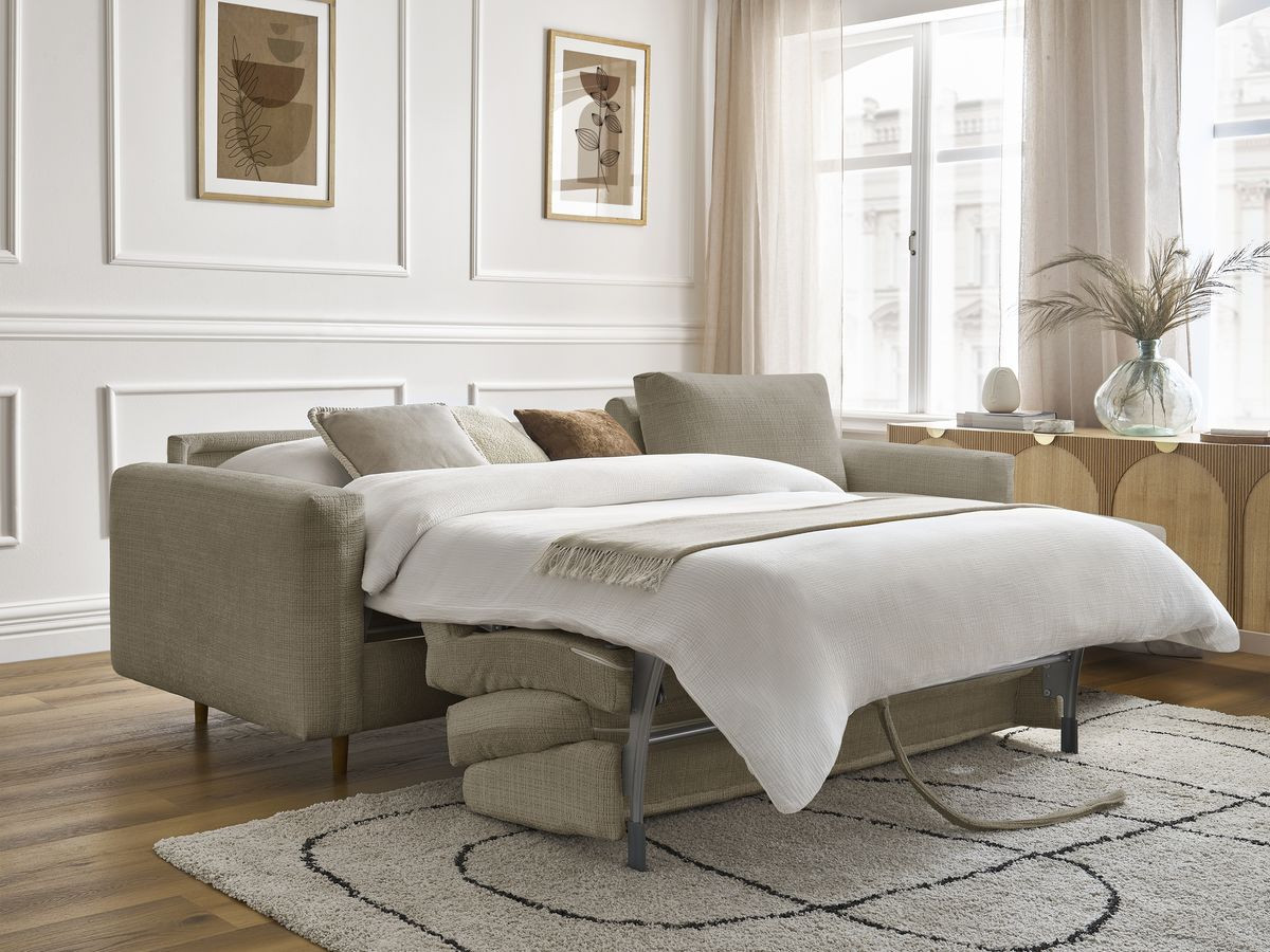 Bobochic Cocoone Ecksofa mit Schlaffunktion und Bettkasten Strukturstoff Taupe, Liegefläche 140 × 200 cm