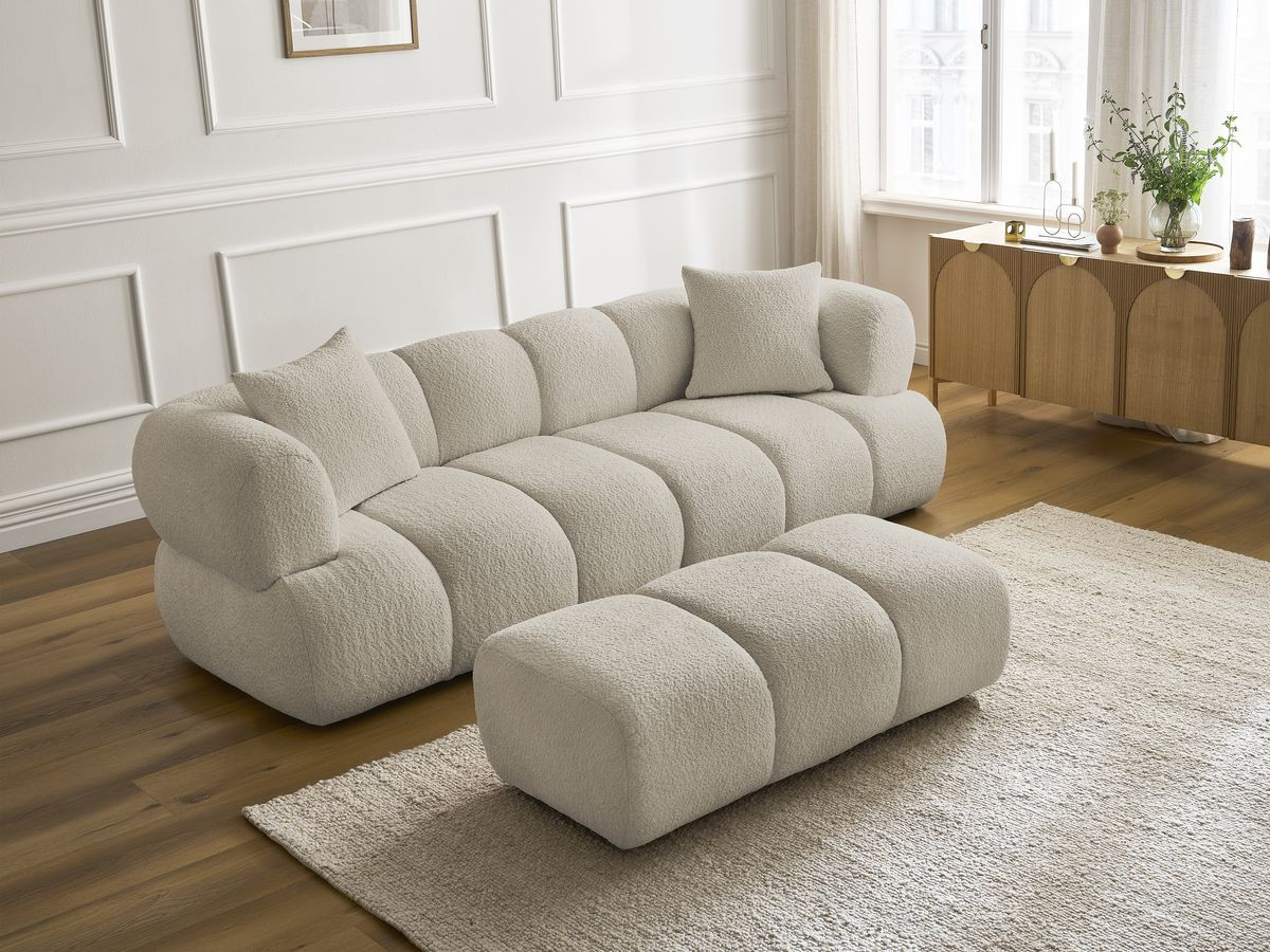 Bobochic Pamira Sofa 3-Sitzer mit Pouf Bouclé-Stoff Beige