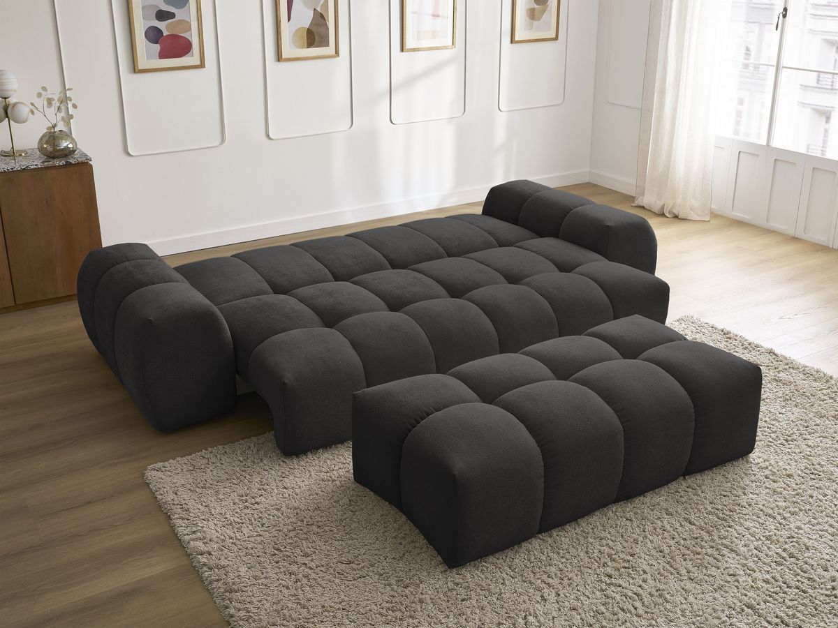 Bobochic Everest Schlafsofa 3-Sitzer mit Bettkasten und Pouf, 5 Kissen Strukturstoff Schwarz
