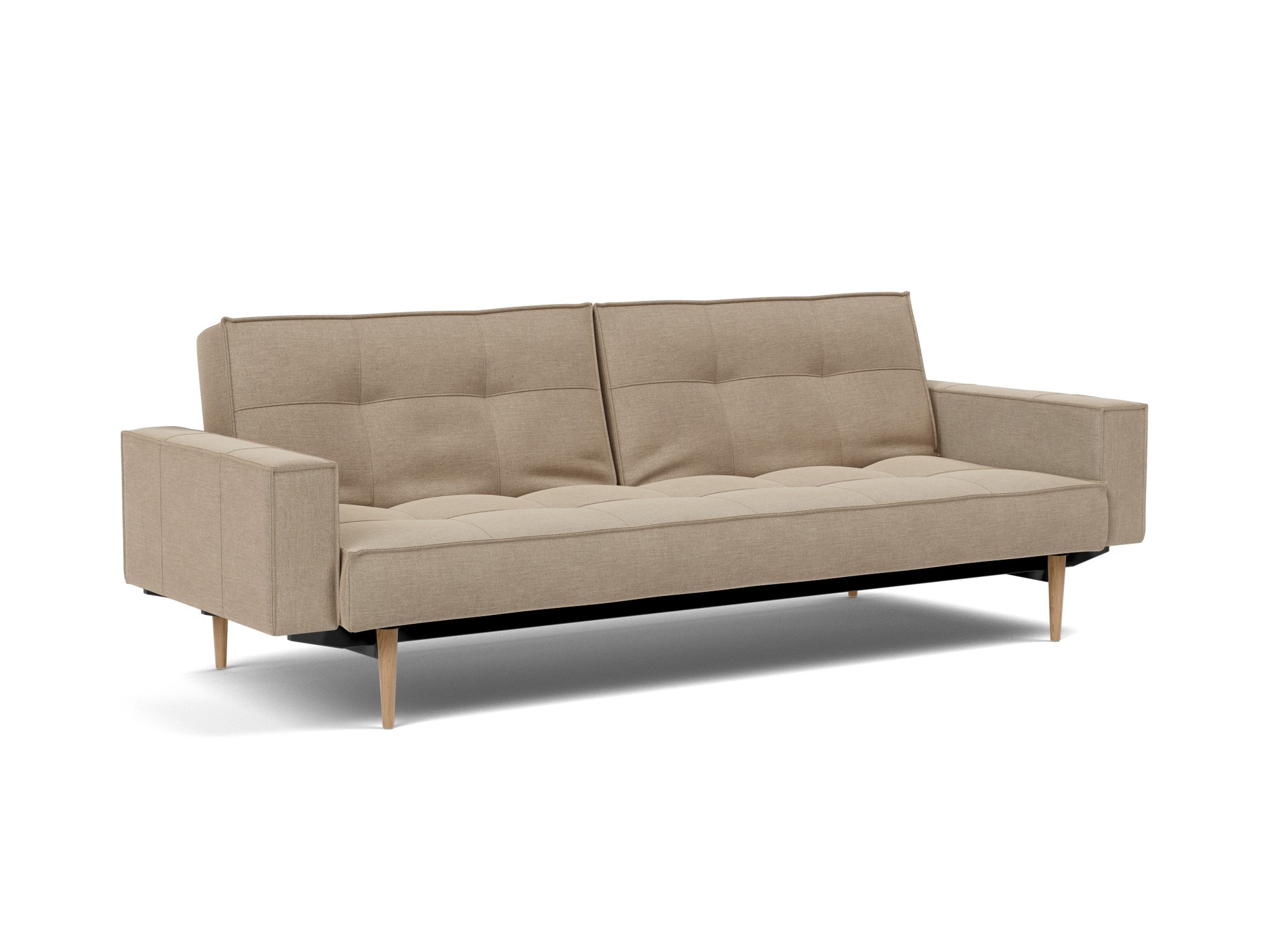 Schlafsofa Splitback mit Armlehnen Flachgewebe Phobos 587-Mocha Beine Styletto Eiche hell