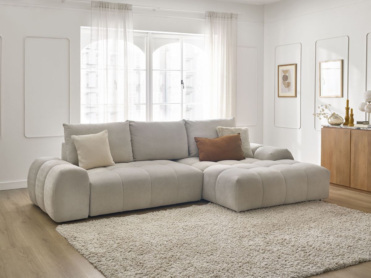 Bobochic Everest Ecksofa mit Schlaffunktion und Bettkasten 318 × 180 cm, 3 Kissen Strukturstoff Beige Ecke rechts