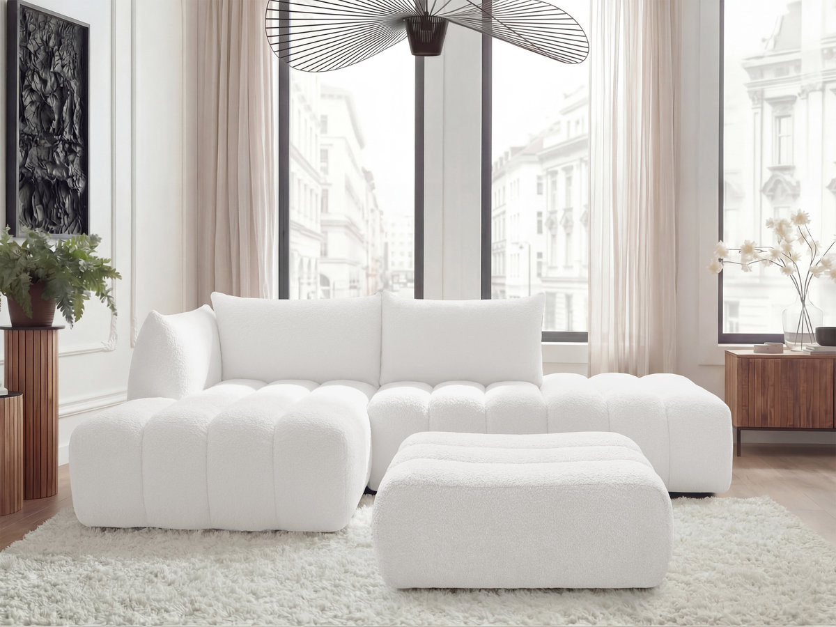 Bobochic Azra Ecksofa mit Pouf 319 × 178 cm Bouclé-Stoff Weiß Ecke links
