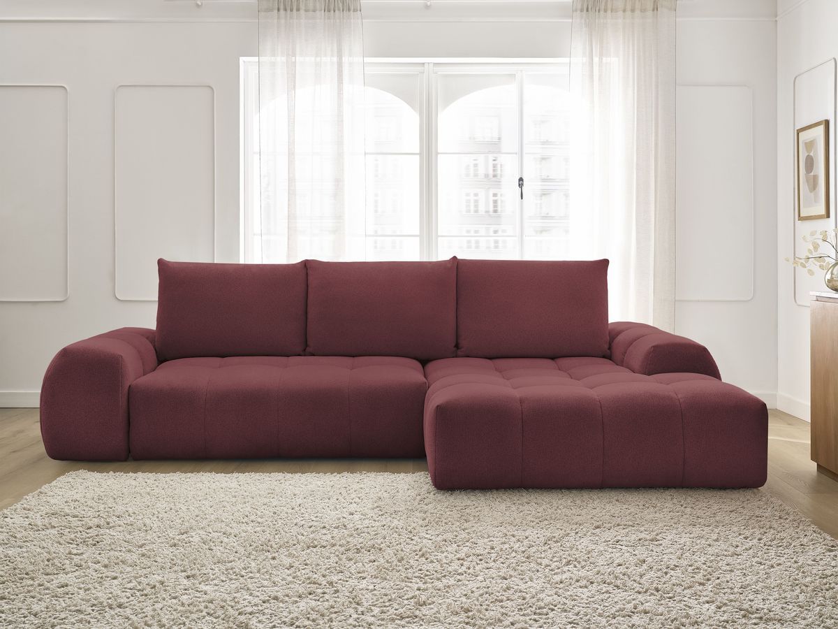 Bobochic Everest Ecksofa mit Schlaffunktion und Bettkasten 318 × 180 cm, 3 Kissen Melange-Stoff Rot Ecke rechts