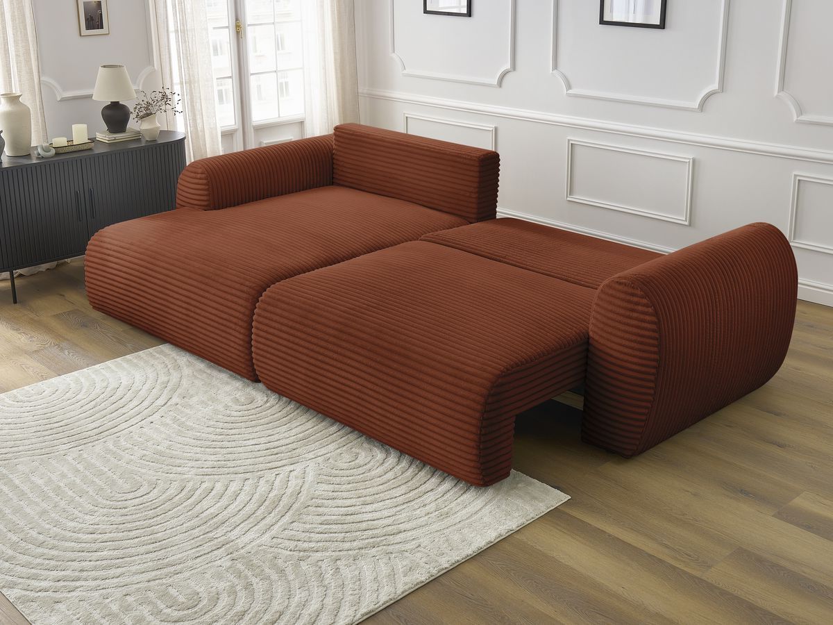 Bobochic Lucien Ecksofa mit Schlaffunktion und Bettkasten 314 × 167 cm Breitcord weich Orange Ecke links