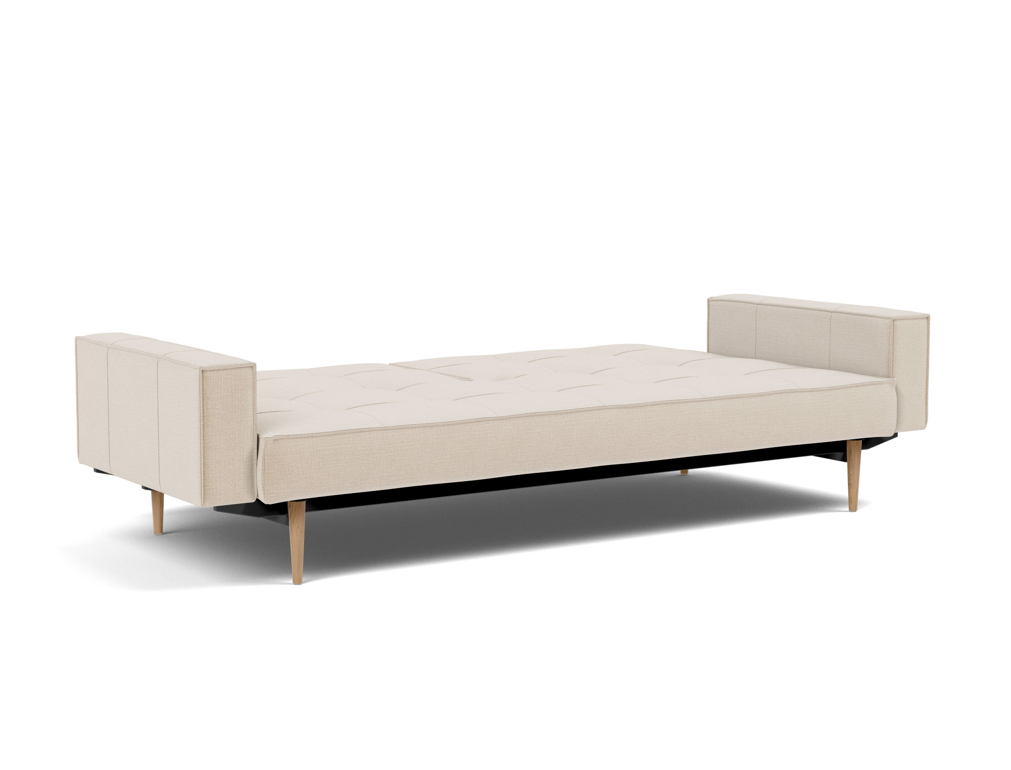 Schlafsofa Splitback mit Armlehnen Chenille Esina 410-Almond-Beige Beine Styletto Eiche hell