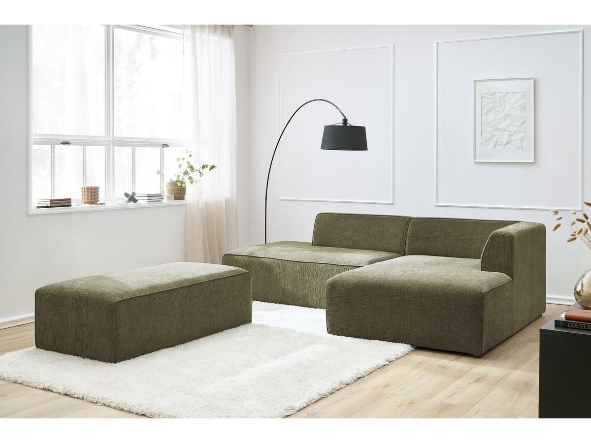 Bobochic Megeve Ecksofa mit Schlaffunktion und Pouf Strukturstoff Grün Ecke rechts