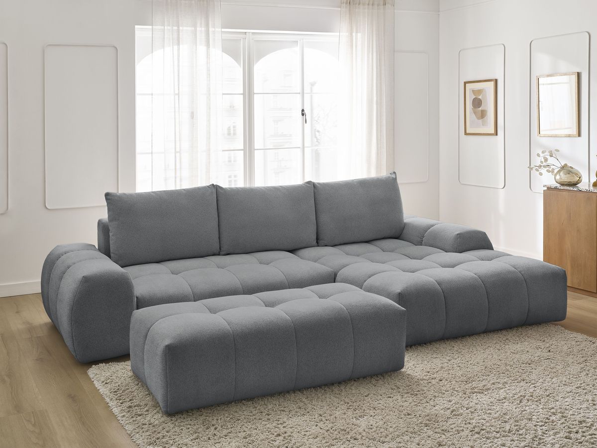 Bobochic Everest Ecksofa mit Schlaffunktion und Bettkasten und Pouf 318 × 180 cm, 3 Kissen Melange-Stoff Dunkelgrau Ecke rechts