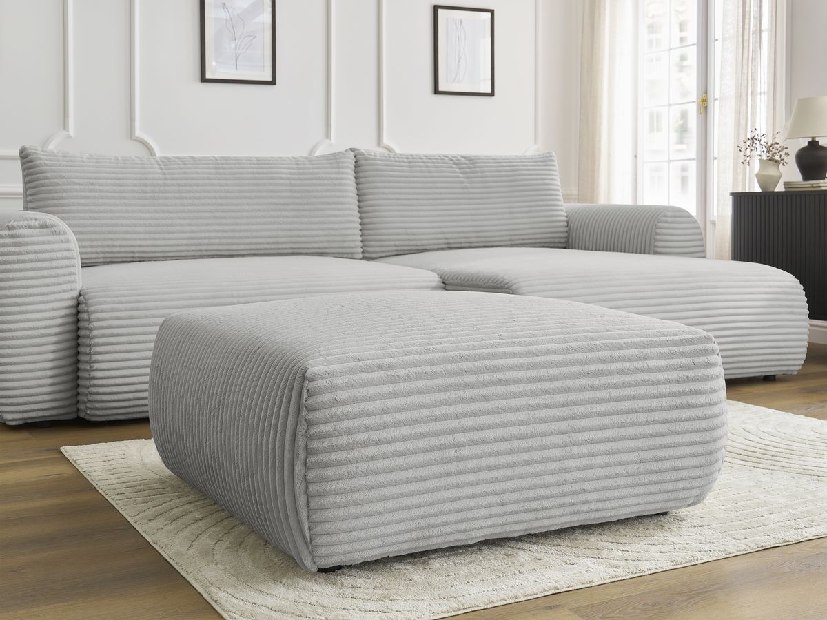 Bobochic Lucien Ecksofa mit Schlaffunktion und Bettkasten und Pouf 314 × 167 cm Breitcord weich Hellgrau Ecke rechts