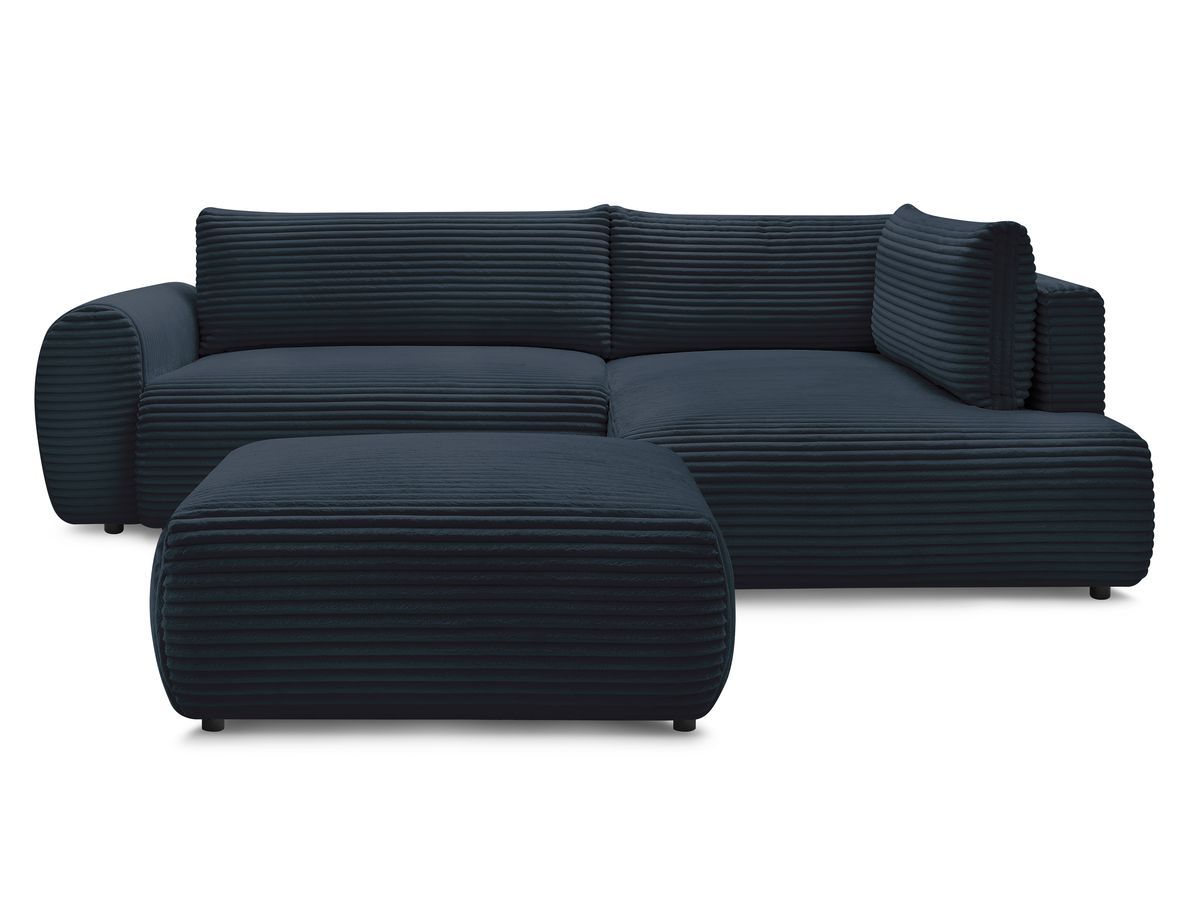 Bobochic Lucien Ecksofa mit Schlaffunktion und Bettkasten und Pouf 296 × 198 cm Breitcord weich Dunkelblau Ecke rechts