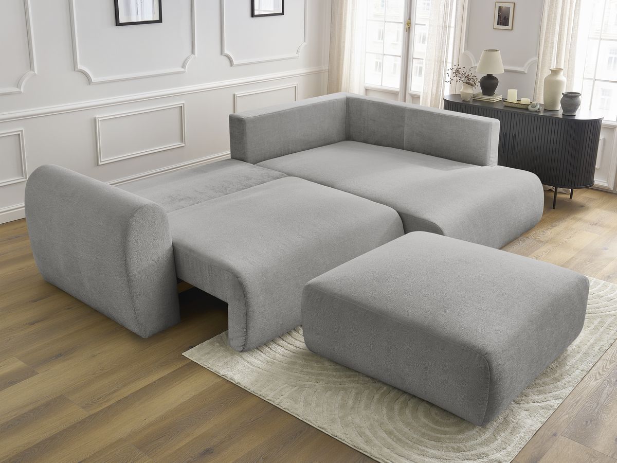 Bobochic Lucien Ecksofa mit Schlaffunktion und Bettkasten und Pouf 296 × 198 cm Stoff Hellgrau Ecke rechts