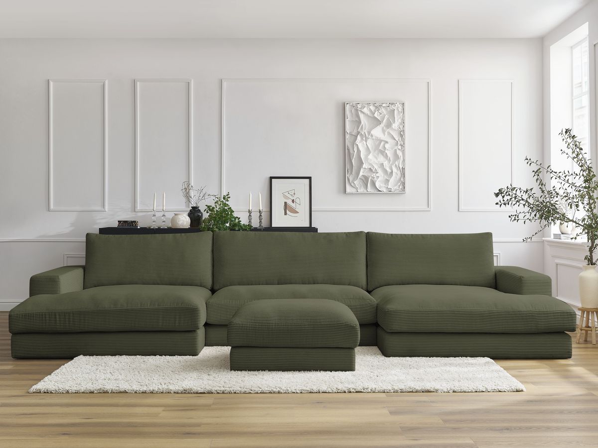 Bobochic Leonard Wohnlandschaft mit Pouf 349 × 159 cm Cordsamt Hellgrün
