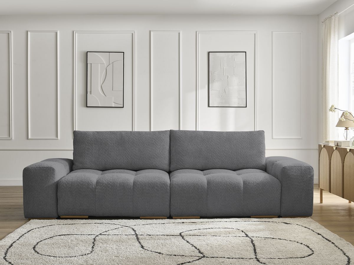 Bobochic Anakin Schlafsofa 3-Sitzer mit Bettkasten, 2 Kissen Bouclé-Stoff Dunkelgrau