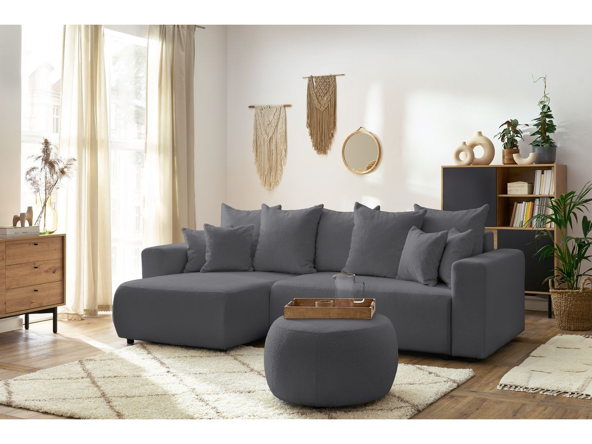Bobochic Envy Ecksofa mit Schlaffunktion und Bettkasten und rundem Pouf Bouclé-Stoff Dunkelgrau