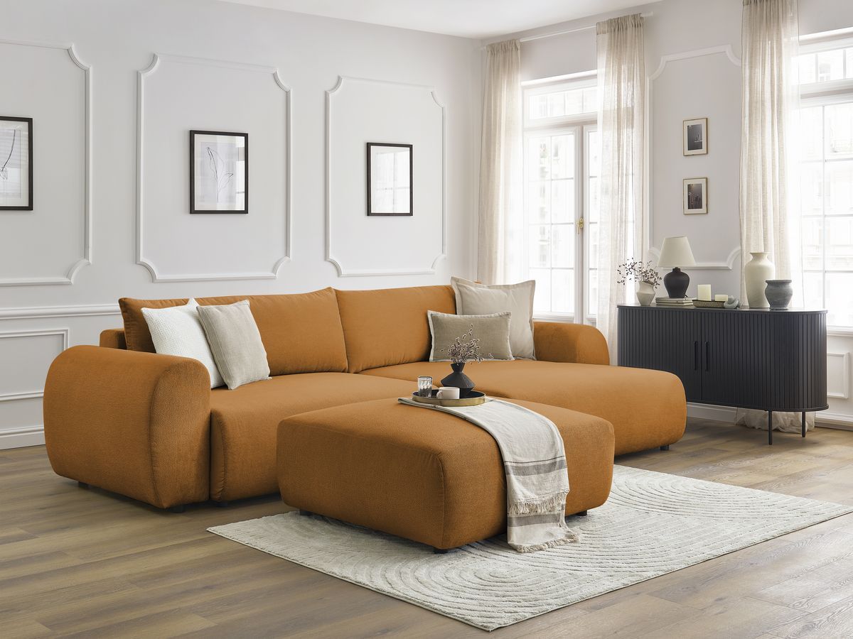 Bobochic Lucien Ecksofa mit Schlaffunktion und Bettkasten und Pouf 314 × 167 cm Stoff Gelb Ecke rechts
