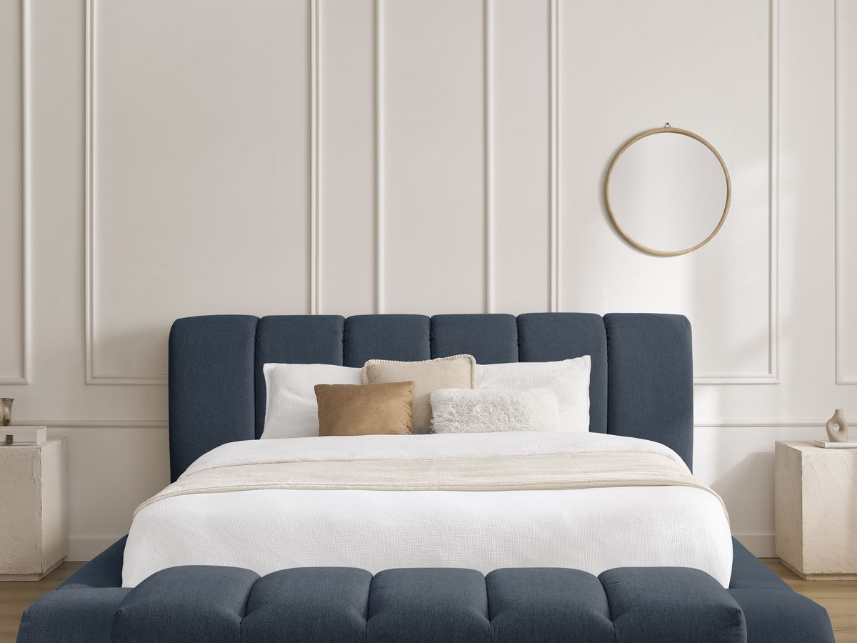 Bobochic Denali Polsterbett mit Bettkasten mit Bettbank Stoff Dunkelblau, Liegefläche 180 × 200 cm