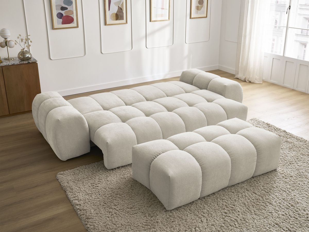 Bobochic Everest Schlafsofa 3-Sitzer mit Bettkasten und Pouf, 2 Kissen Strukturstoff Beige