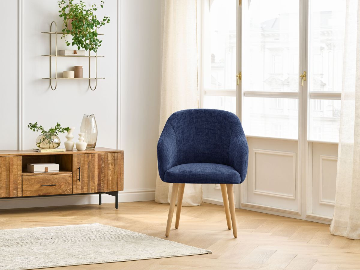 Bobochic Sophie Esszimmerstuhl mit skandinavischen Holzbeinen Strukturstoff Dunkelblau